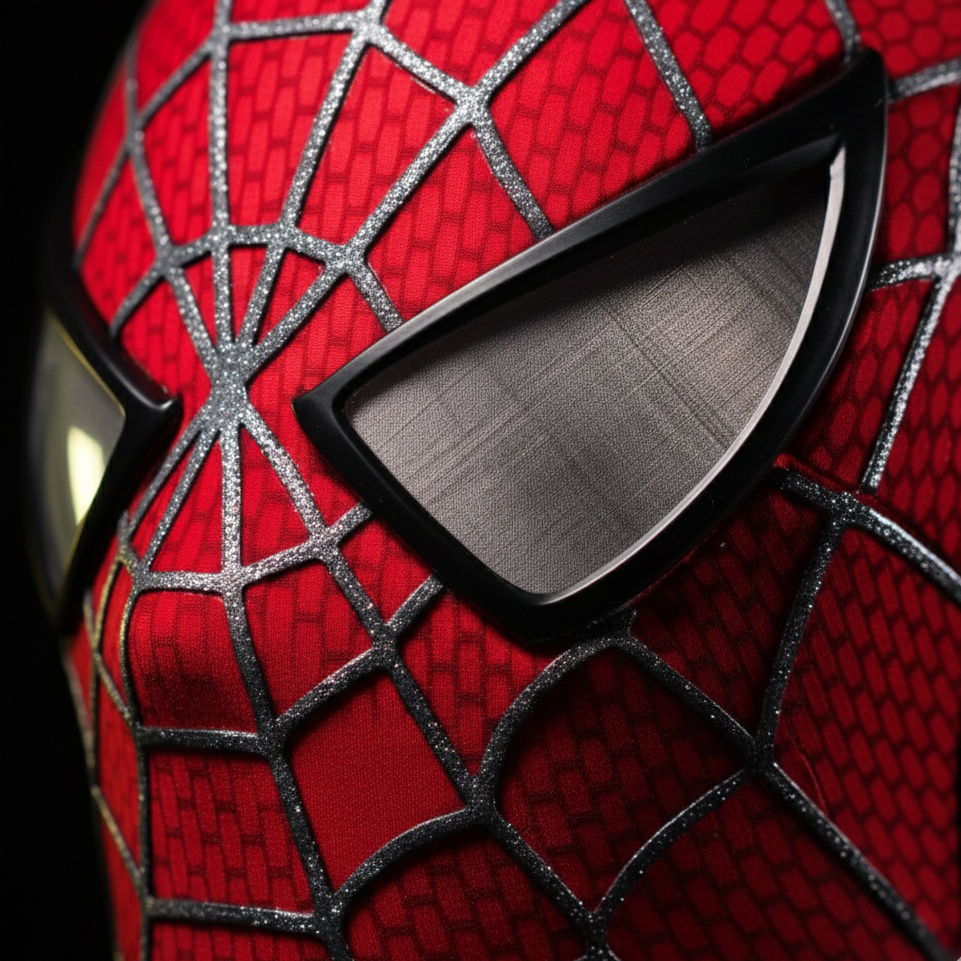 Close-up of a Tobey Spider man red superhero mask with web pattern