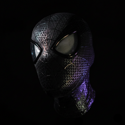 Black and purple spider-man themed mask on a black background