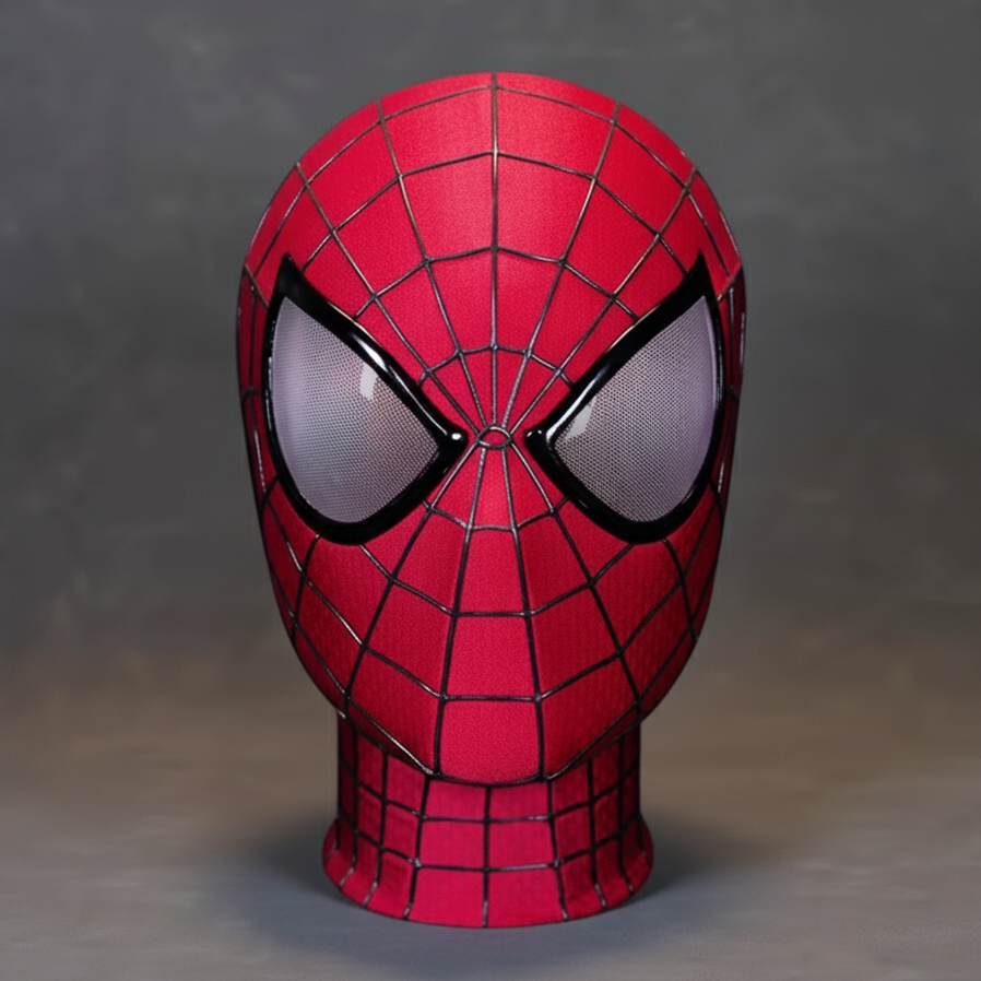 Red Spider-Man TASM Andrew Garfield Marvel superhero mask with black web pattern on a gray background