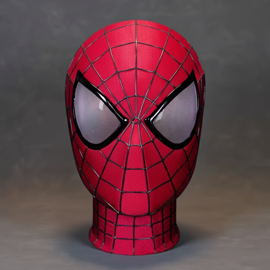 Red Spider-Man TASM Andrew Garfield Marvel superhero mask with black web pattern on a gray background