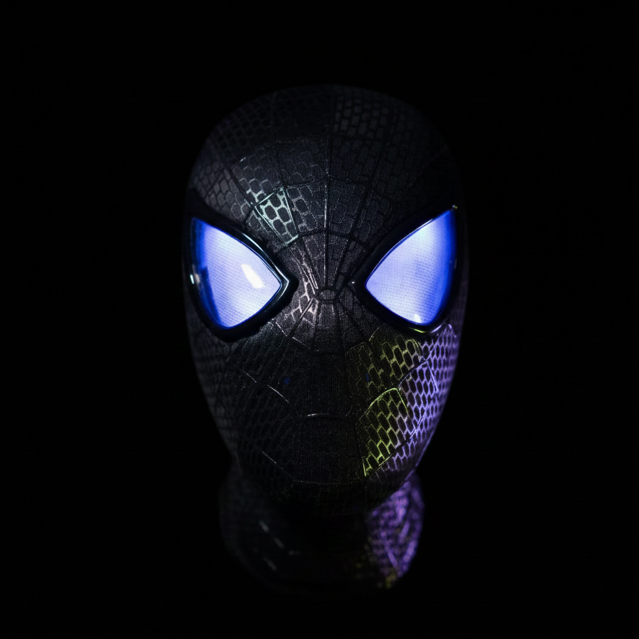 Black Spider-Man mask with glowing blue eyes on a black background