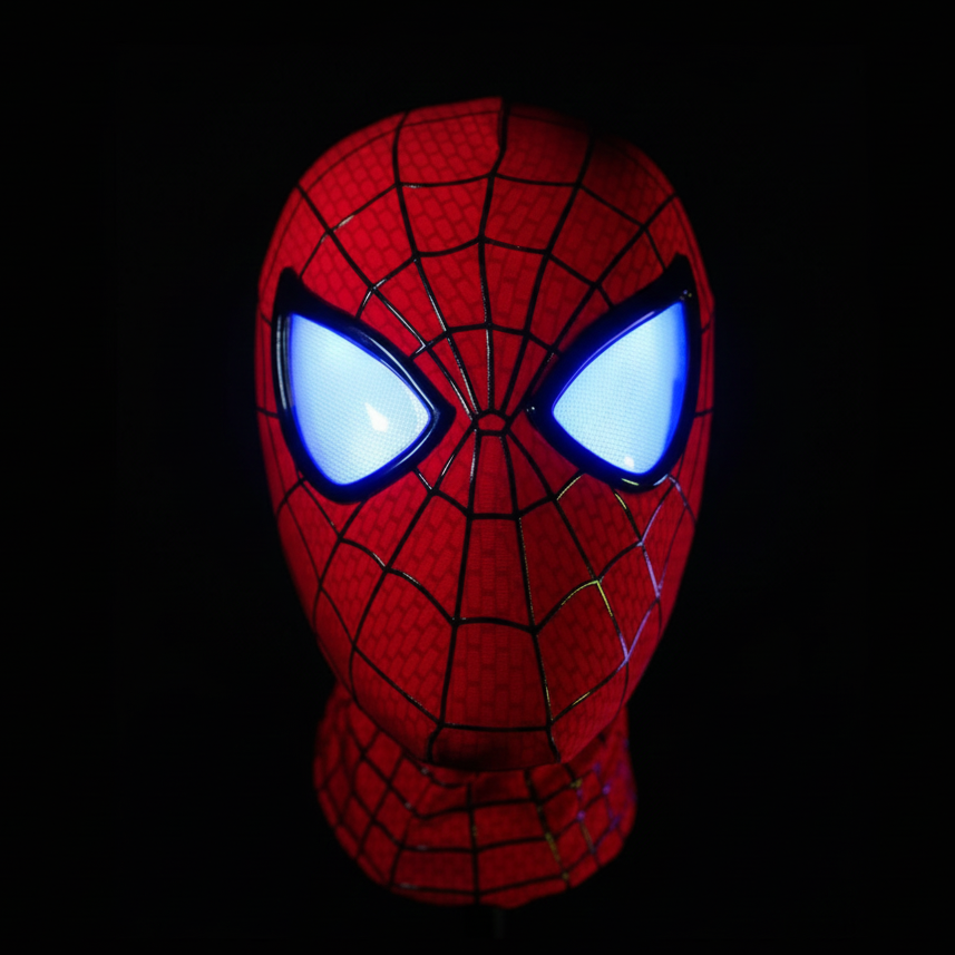 Spider-Man mask with glowing blue eyes on a black background
