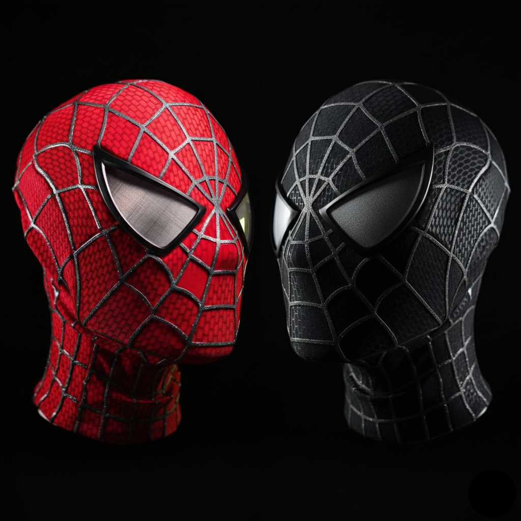 Red and black spider man masks on a black background