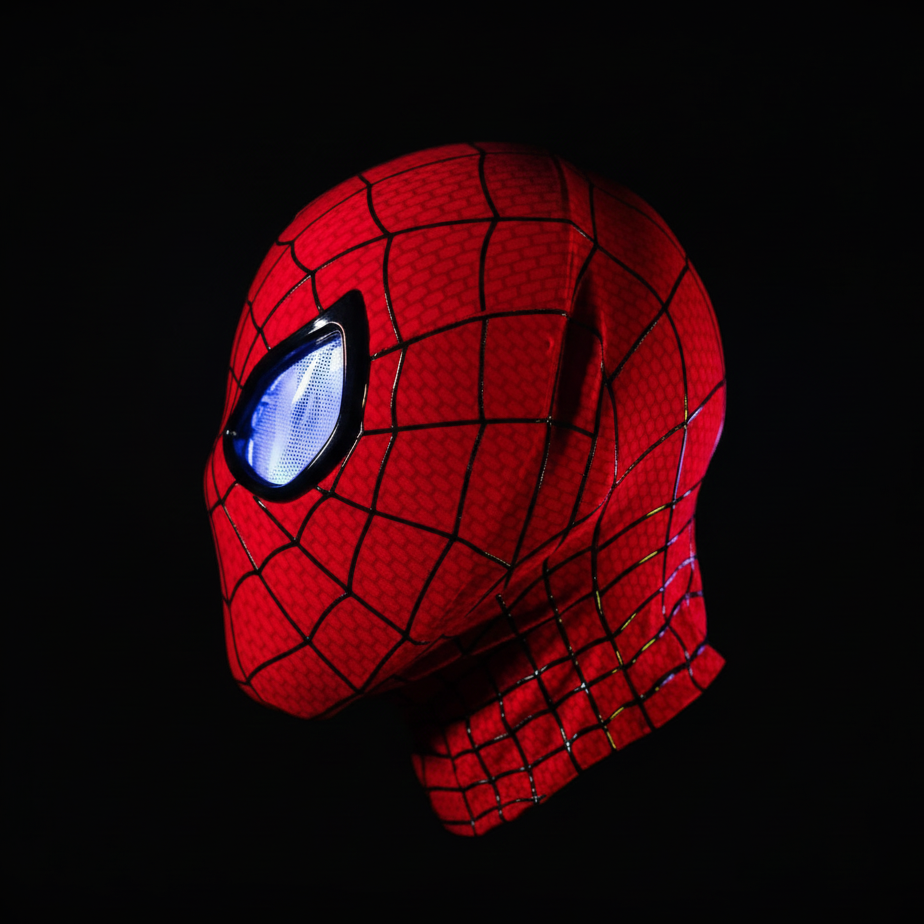 Red superhero mask with web pattern on a black background